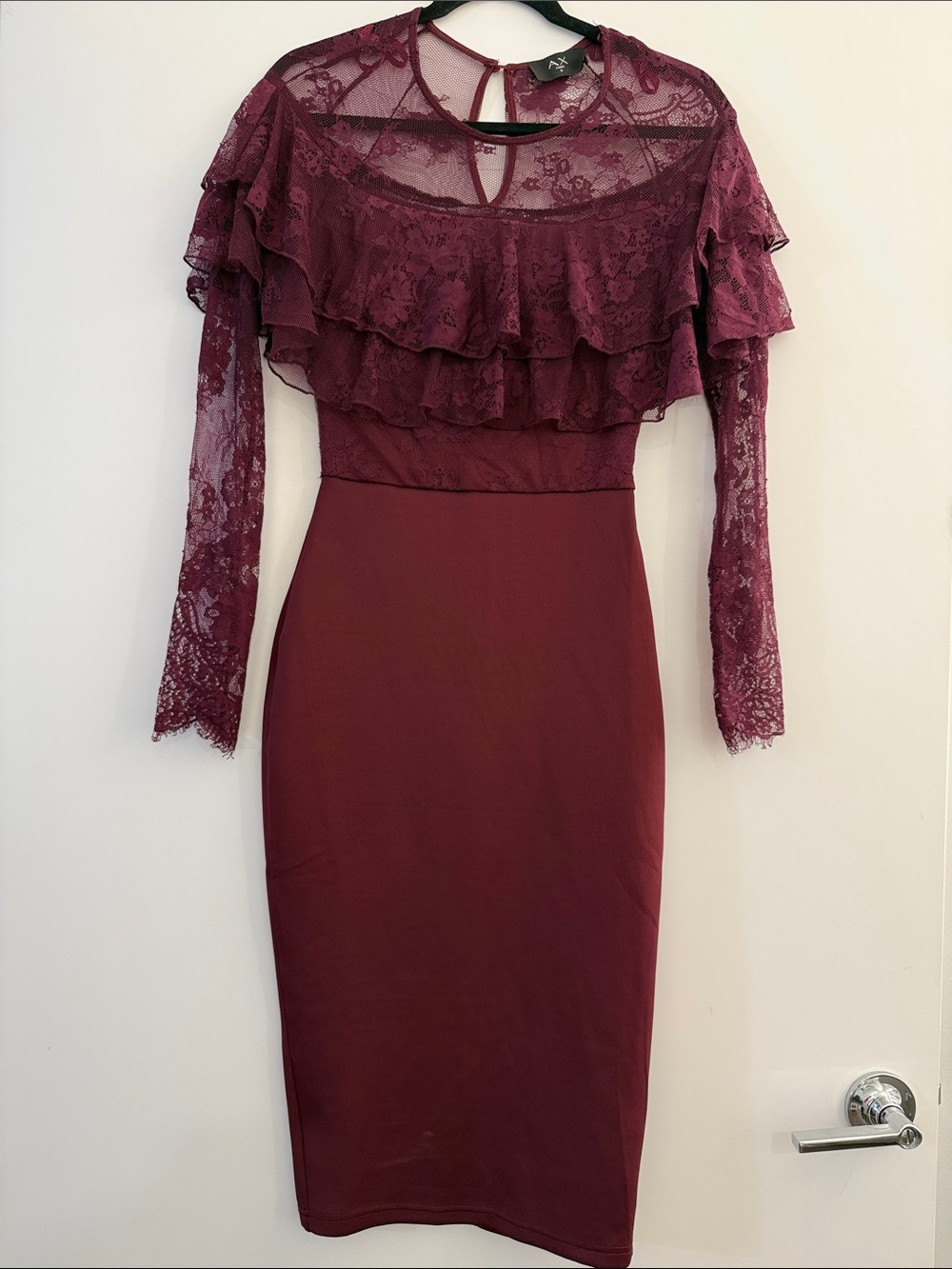 AX Paris Size 4 Burgundy Long-Sleeve Fall Lace Dress